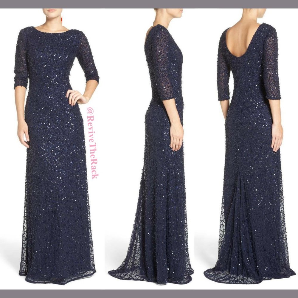 NEW $328 Adrianna Papell Sequin 3/4 Sleeve Gown in‎ Navy Blue [SIZE 2 US ]
